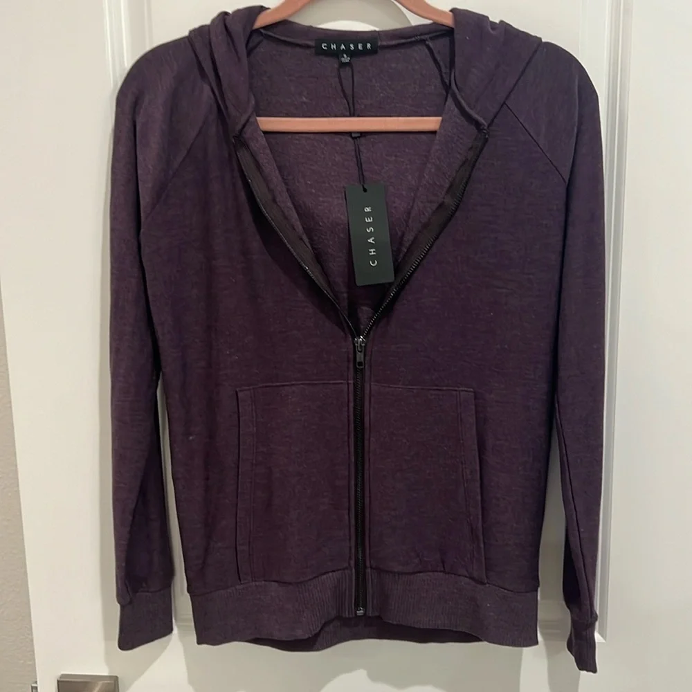 nwt CHASER Raglan Long Sleeve Zip Up Hoodie in Plum Purple - Picture 4 of 7